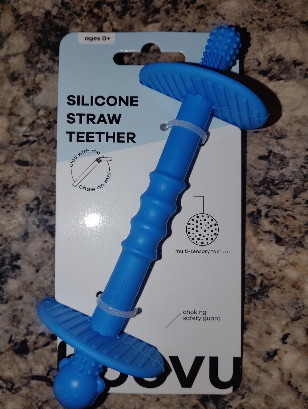 Blue Silicone Straw Teether for Baby Gum Relief